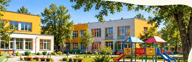 Bērnudārza ēka ar rotaļu laukumu